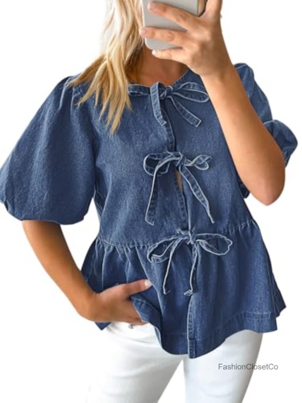 Denim Tie Front Peplum Blouse Puff Sleeve Babydoll Top